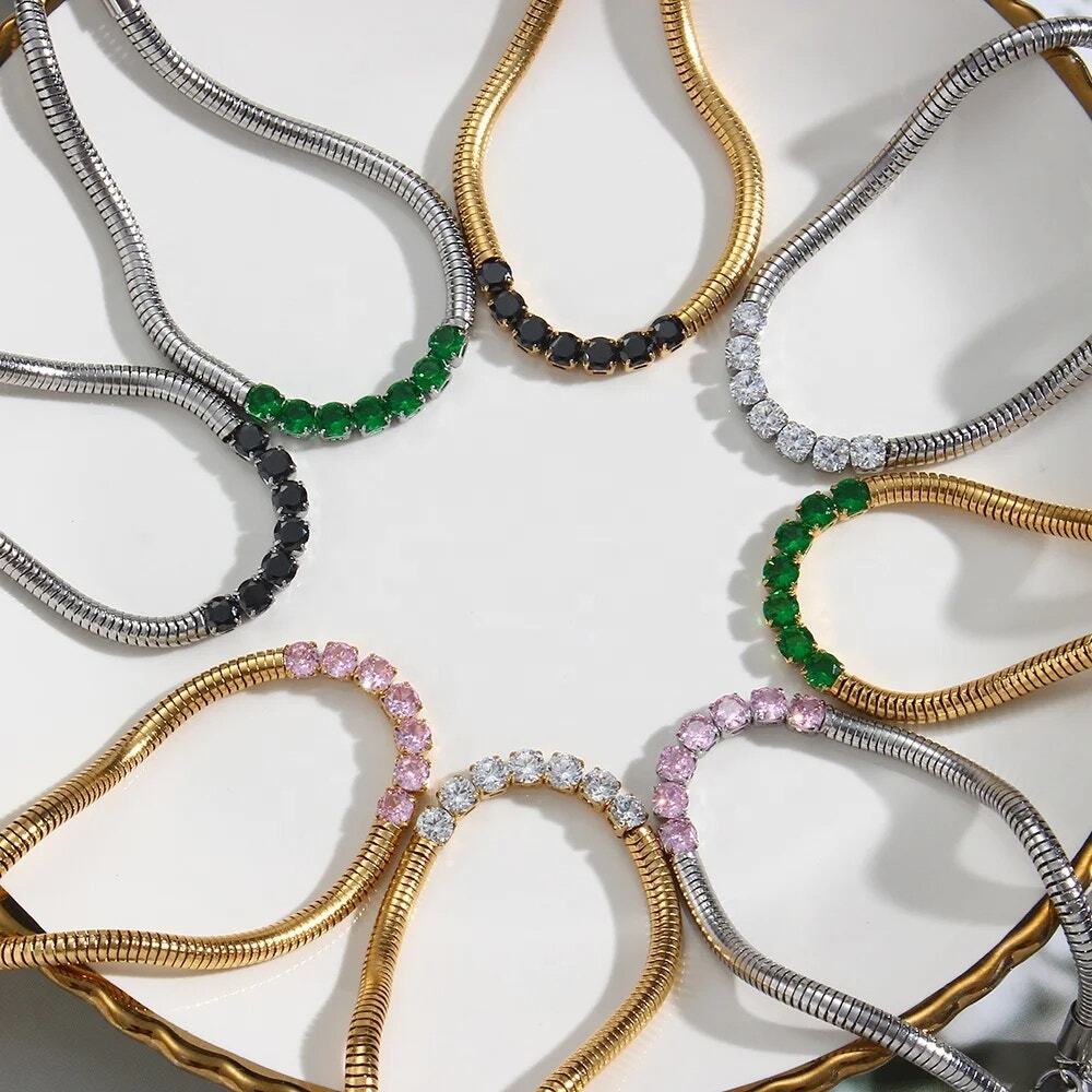 Emerald Green Zircon Snake chain Bracelet 18K Gold Plated Stainless Steel - Picture 8 of 9